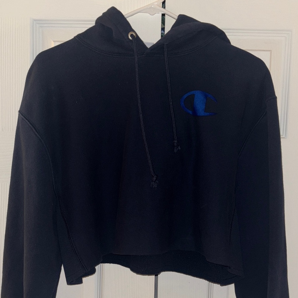 Champion Women's Black Hoodie with Blue Logo